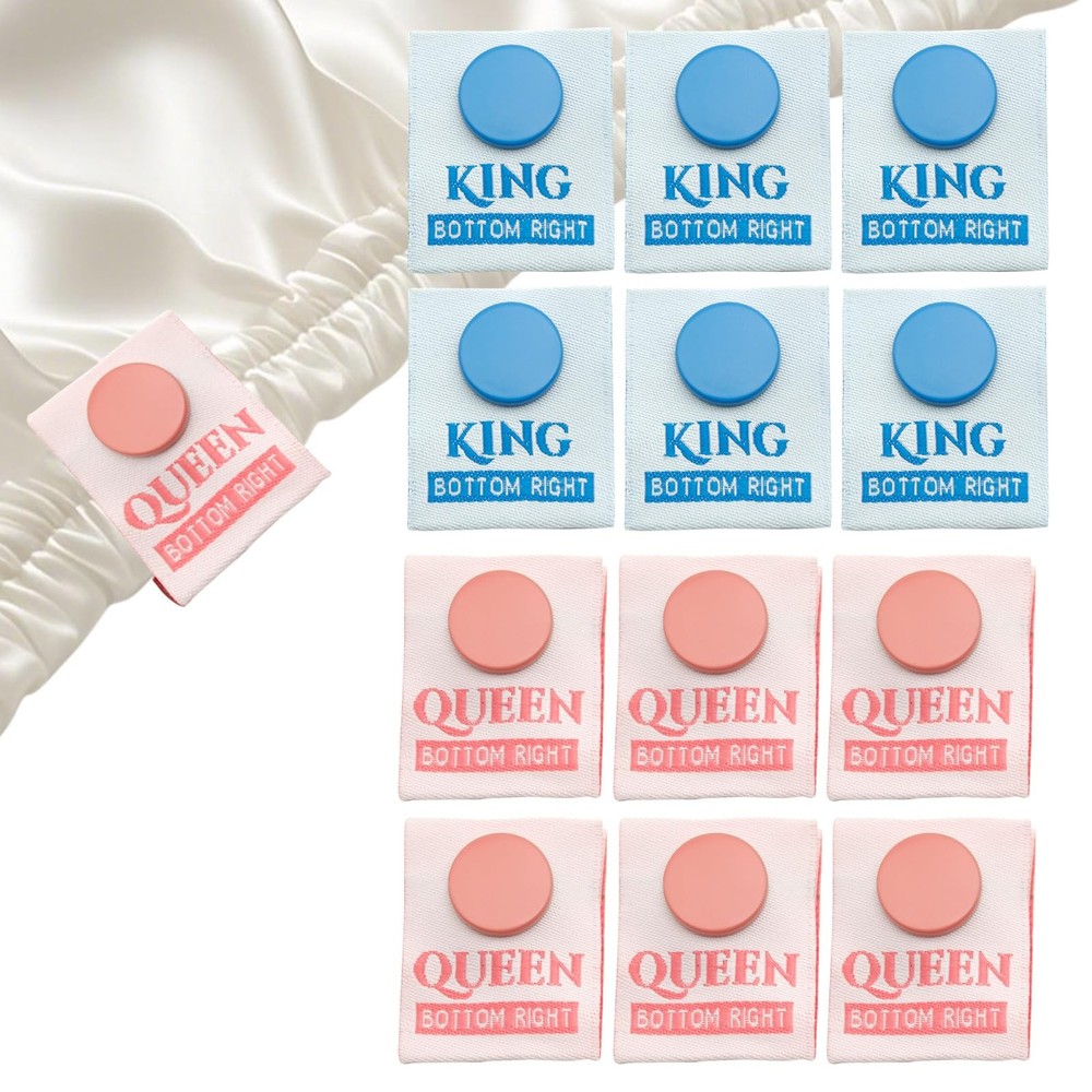12-Pack Color Coded Bed Labels, 6 Pink Queen 6 Sky Blue King Snaps, Machine W…