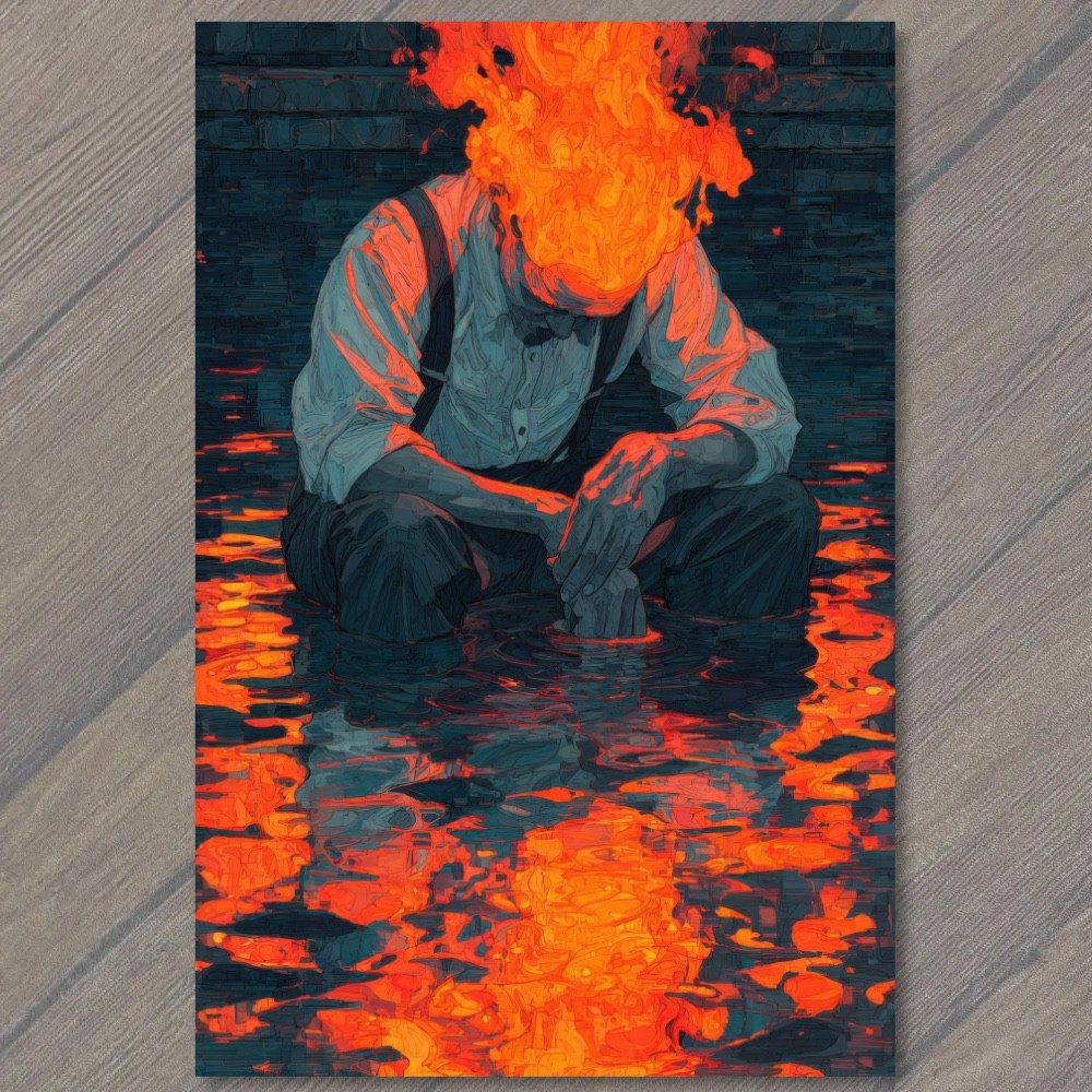STICKER Flaming Head Man Bowtie Suspenders Water Reflection Noir Surreal