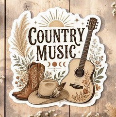 Country Boho Sticker/Cowboy Boot/Hat/Guitar/Style 5