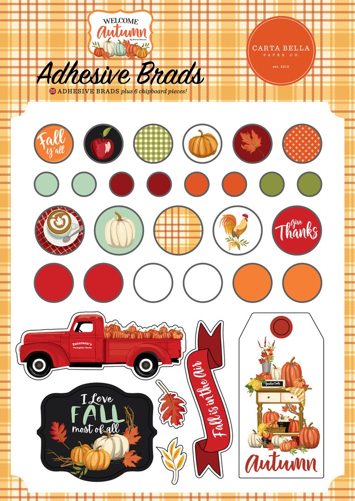 1 Pack of Carta Bella Paper WELCOME AUTUMN Adhesive Decorative Brads