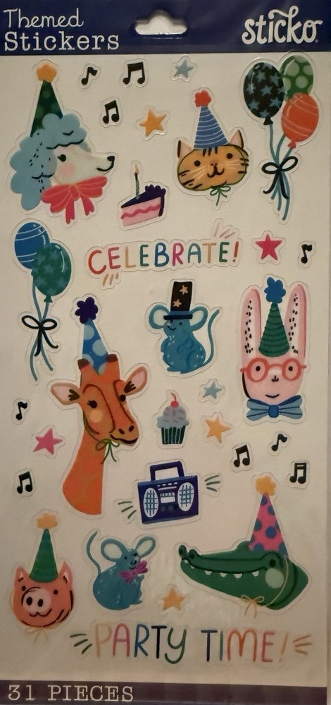 Sticko Sticker Sheet Party Animal Birthday Party 31 Pieces Scrapbook Kawaii Fun!