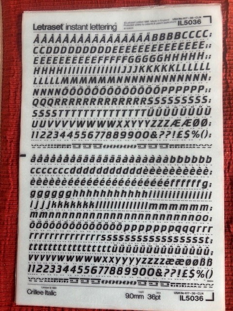 Letraset 3 INSTANT LETTERING Transfer Letters Crillee Italic 36pt England 1