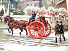 Gorgeous Large 1800’s Die Cut -Charming House, Dogs, Horses, Carriage & People *