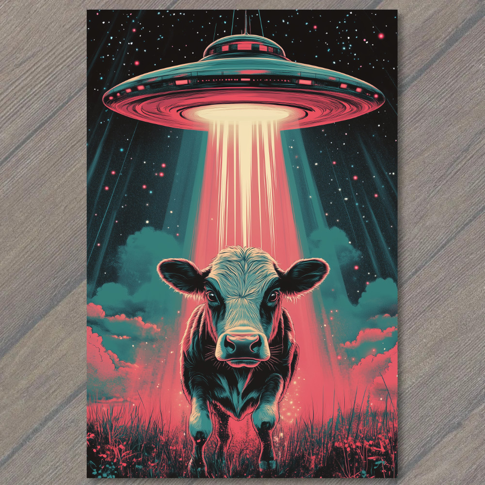 STICKER UFO Cow Abduction Retro Sci-Fi Alien Spaceship Beam Invasion Classic