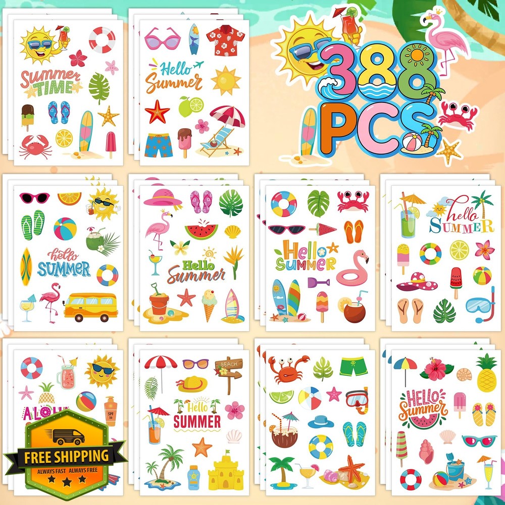 Blowata 30 Sheets Summer Stickers, Adhesive 388Pcs Ocean Beach Stickers Bulk …