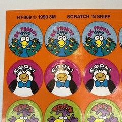 Vintage Stickers Scratch N Sniff Orange 3M 1990 HT-869 Bird Peacock Owl Penguin