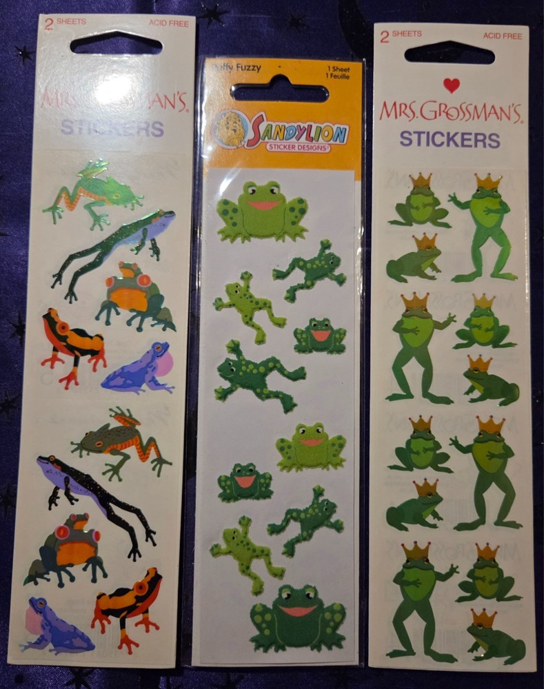 Vintage Y2K Sticker Lot Of 3 ~Mrs Grossmans Sandylion Puffy Fuzzy Opal Frogs~