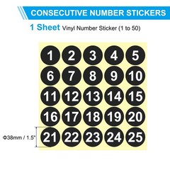 1 to 50 Number Stickers 1.5 Inch, Vinyl Round Labels Dot Decals, Black