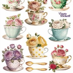 Violette Stickers – Rosie Teatime – 1 Vintage Teacup Sticker Sheet – Stationery