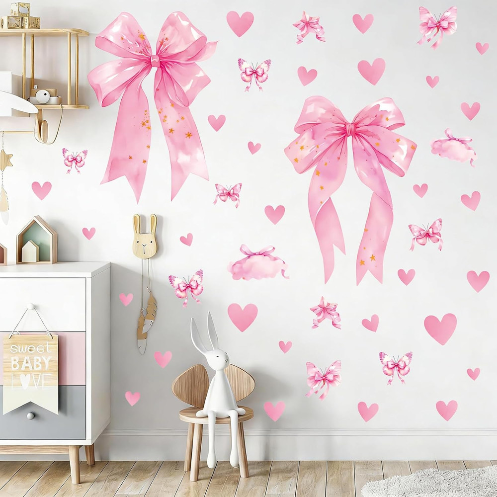 Large Pink Bow Wall Decals – 6 Sheets 64 Pcs Bow Knot Wall Stickers Heart Bow Pe