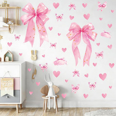 Large Pink Bow Wall Decals – 6 Sheets 64 Pcs Bow Knot Wall Stickers Heart Bow Pe