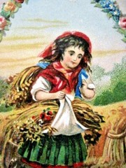 1800’s Die Cut Scrap of Girl Collecting Wheat In A Field Roses Surrounding Her*