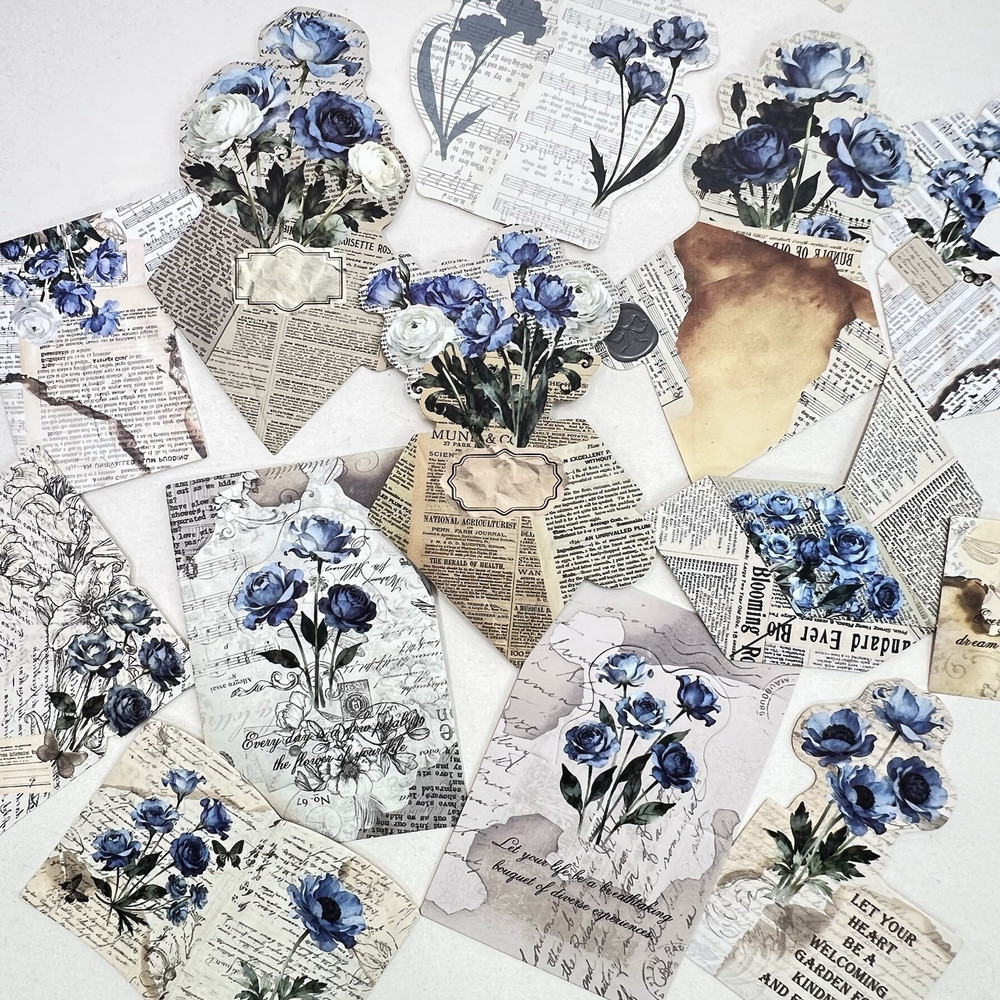 Vintage Style Blue Floral Cardstock Embellishments Junk Journal Collage