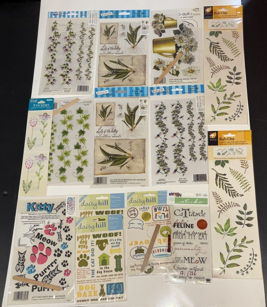 Lot of 14 Sheets Rub On Transfers Royal E-Z Rub Leaves, Flowers, Dog, Cat Decals