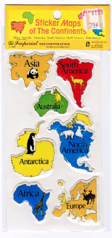 Vintage 1980 NEW pack Map of the Continents Asia Australia PUFFY Stickers!
