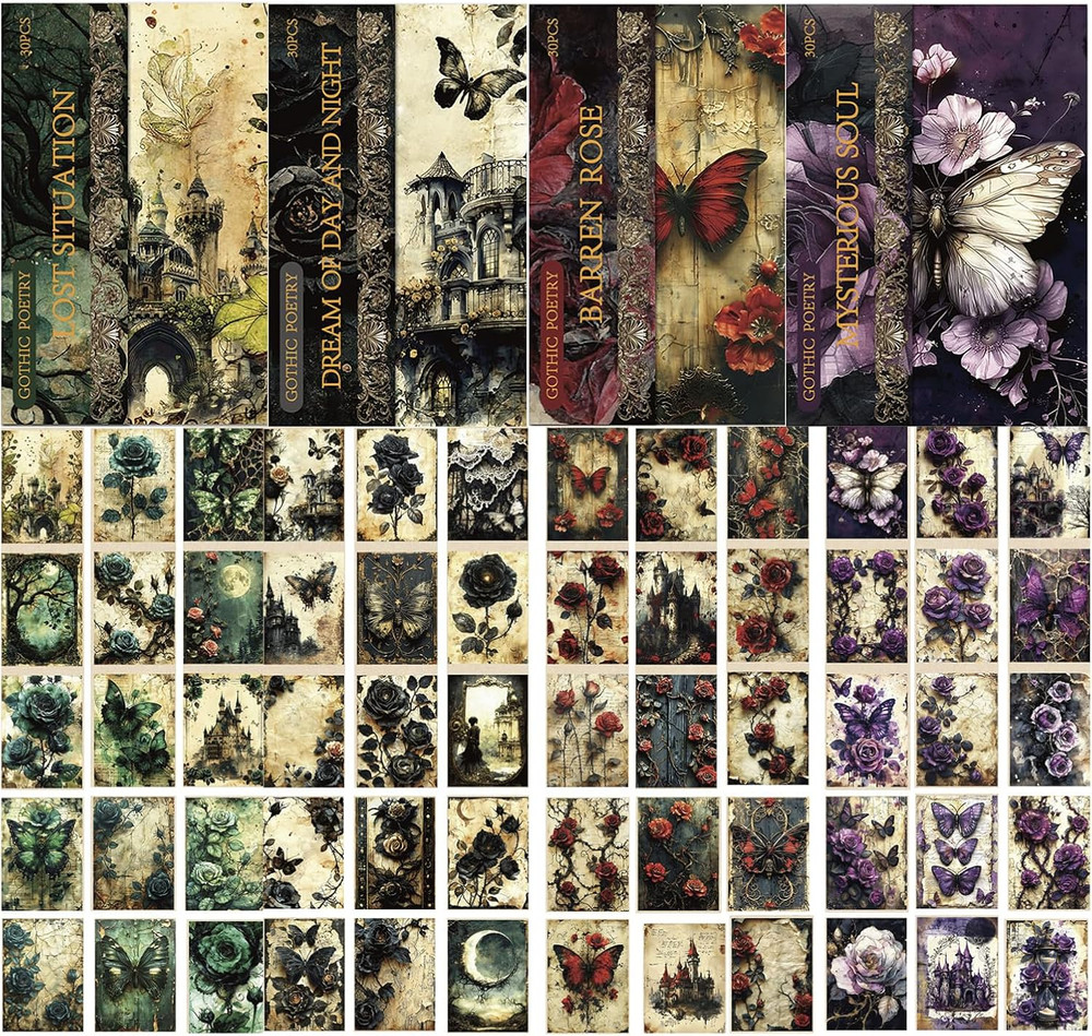 120 Sheets Gothic Scrapbooking Paper for Scrapbook Kit, Vintage Ephemera for Jun