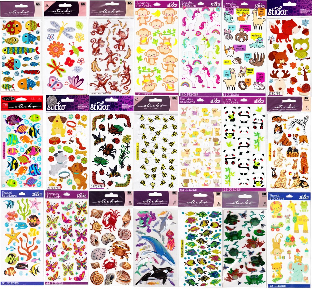 Sticko Stickers ANIMALS – Pet Fish Dog Farm Bear Monkey Deer Zoo Horse Bug – NIP
