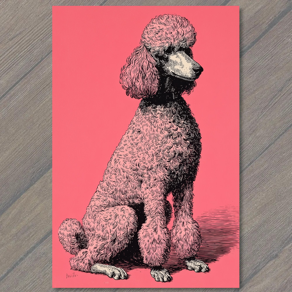 STICKER Pink Poodle Fancy Dog Retro Style Curly Hair Sitting Pink Background F