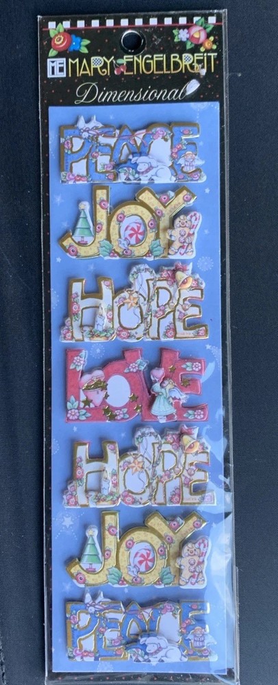 Vtg Scarce Mary Engelbreit Peace, Joy, Hope, Love Dimensional Christmas Stickers