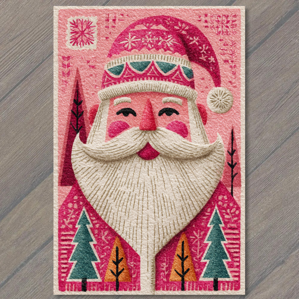 STICKER Retro Pink Santa With Snowflakes Trees Whimsical Christmas Holiday Joy