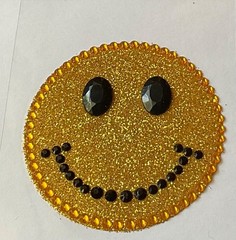 Lg. Smiley Face Rhinestone & Glitter Adhesive Gem Sticker 2.5”, Retro/Hippie