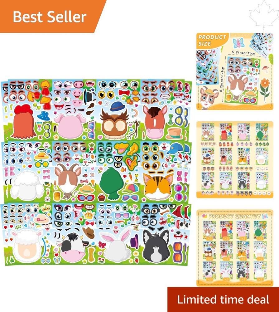 48 Animal Face Sticker Sheets for Kids – Fun Craft Party Favors & Gifts