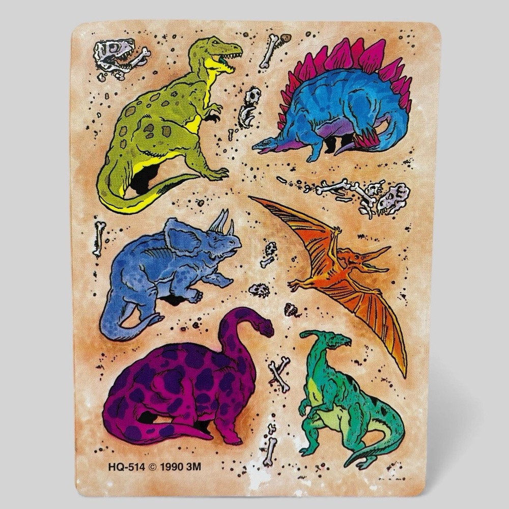 VTG 1990’s Dinosaur Stickers Single Sheet T-Rex Stegosaurus Fossils 3M HQ-514