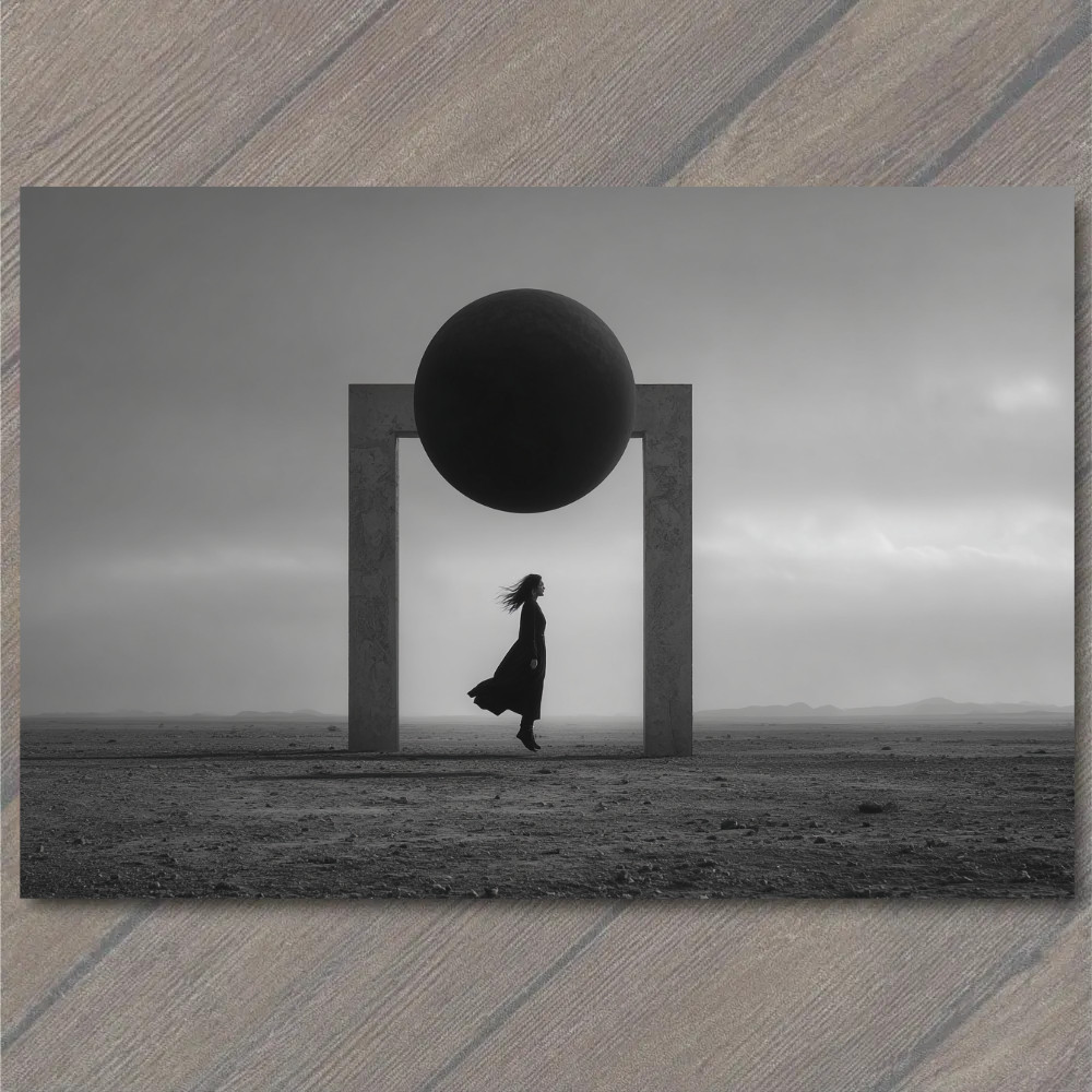 STICKER Black Dress Woman Portal Surreal Sphere Desert Grayscale Concept