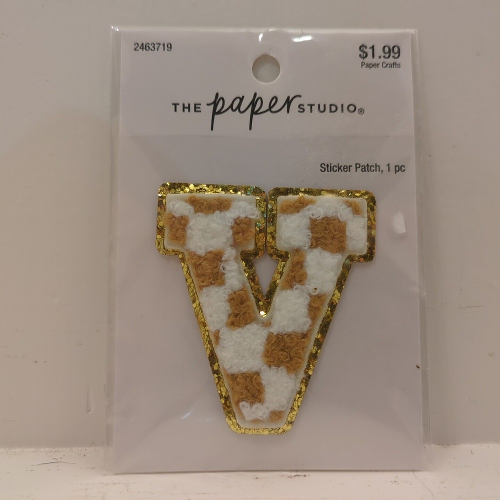 The Paper Studio Chenille V Brown White Checker Sticker Patch Alphabet Letter