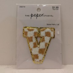 The Paper Studio Chenille V Brown White Checker Sticker Patch Alphabet Letter