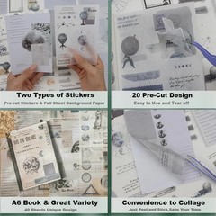 40 Sheets Vintage Washi Stickers Book for Adults, Scrapbook Ephemera with 180pcs