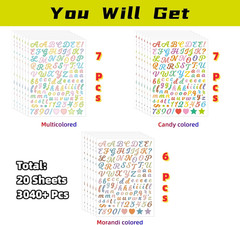 3040Pcs 20 Sheets Small Letter Number Stickers, 1/2Inch Colorful Self-Adhesive V