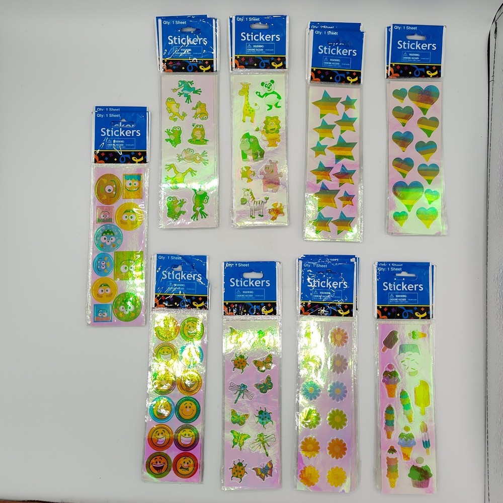 Lot of 55 Individually Wrapped Sheets Assorted Iridescent Colorful Stickers OTC