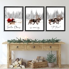 Set of 3 Framed Christmas Wall Art Farmhouse Santa Claus Is Coming To Town Wa…