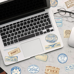 50 PCS Vintage Passport Stamp Stickers, Waterproof Retro Travel Vinyl PVC Sticke