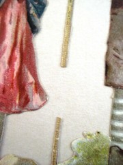 Sweet 1800’s Die Cut of Boy Handing Girl A small Bouquet of Two Pink Rose *