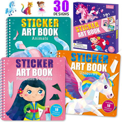 3-Pack Sticker by Number Books for Kids Ages 4-8, 30 Pictures, Paint with Sticke