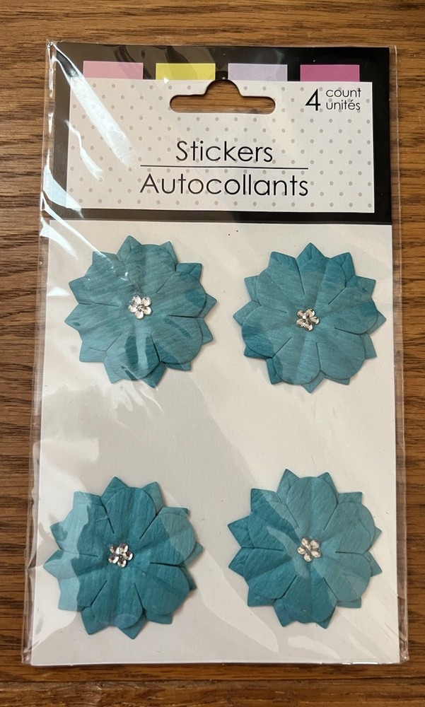 Dimensional Flower Stickers 4 Count Turquoise Crystal Centers 1.5” Wide NEW