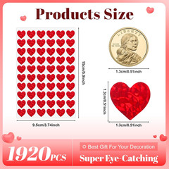 1920Pcs Holographic Glitter Heart Stickers, 0.5Inch Mini Red Hearts