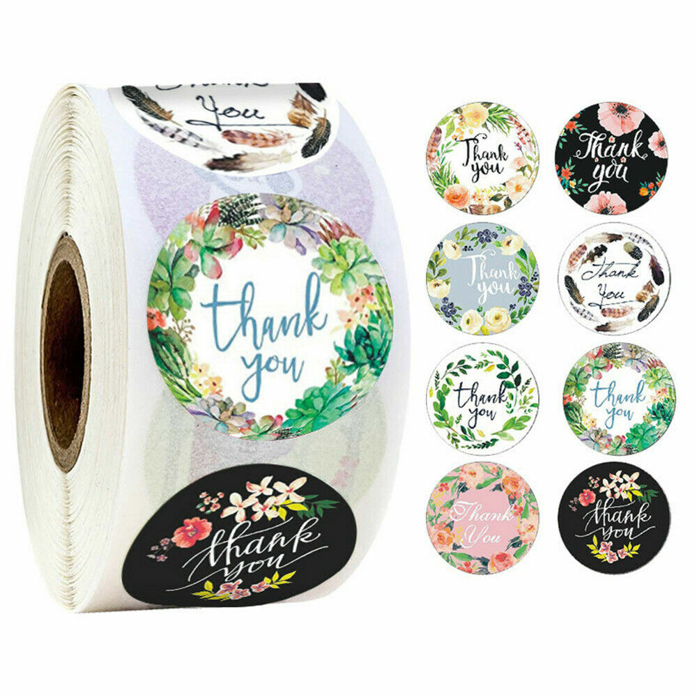 Thank You Stickers Roll of 8 Floral Designs 1 Inch Round Self-Adhesive Stickers