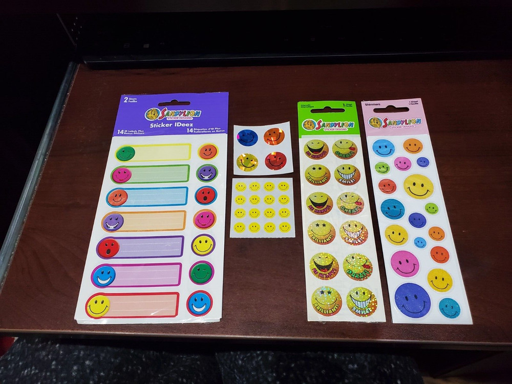 Sandylion Smiley Happy Face labels pkg pastel & gold glitter crazy mod prisma &