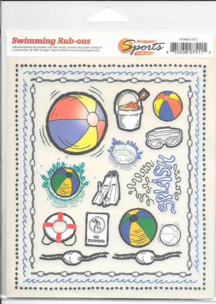 SCRAPPIN SPORTS Swimming Rub-Ons Summer Beach Ball Life Preserver Rope Glasses