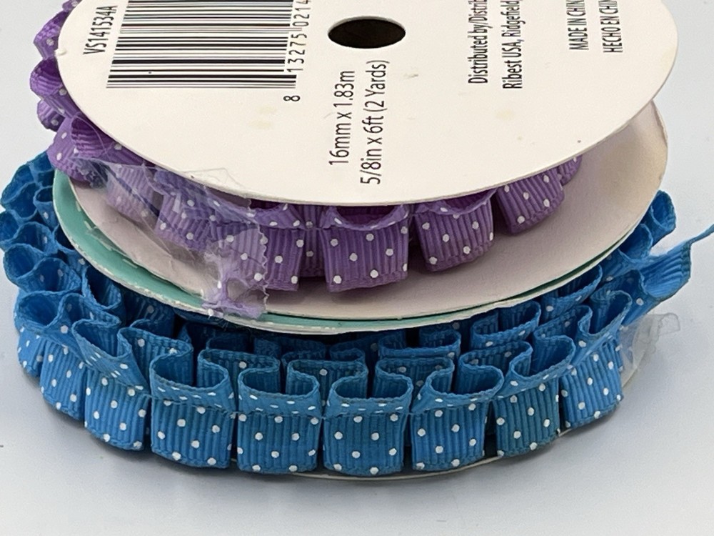 Lot 2 Ruffle Ribbon Spool 5/8in Polka Dot Grosgrain Blue Purple Hair Bow Trim