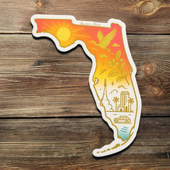 Florida Vinyl Sticker – Gold Foil Sunset Decal with Car, Crane, Skyline & Palms