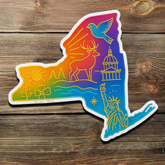 New York Sticker – Gold Foil Statue of Liberty, Deer & Capitol in Rainbow Design