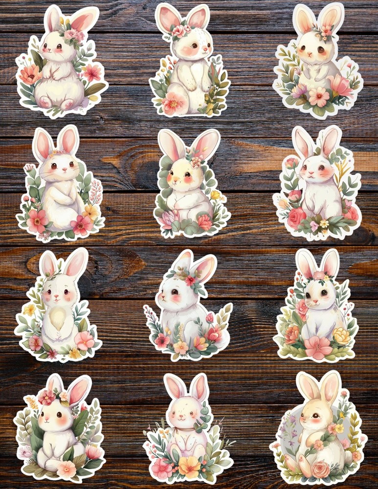 Floral White Bunny Die Cut Vinyl Stickers Scrapbooking Laptop Waterbottle