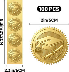Graduation Class of 2026 Stickers 2 Inch 100Pcs Gold Embossed Graduation Cap Dip