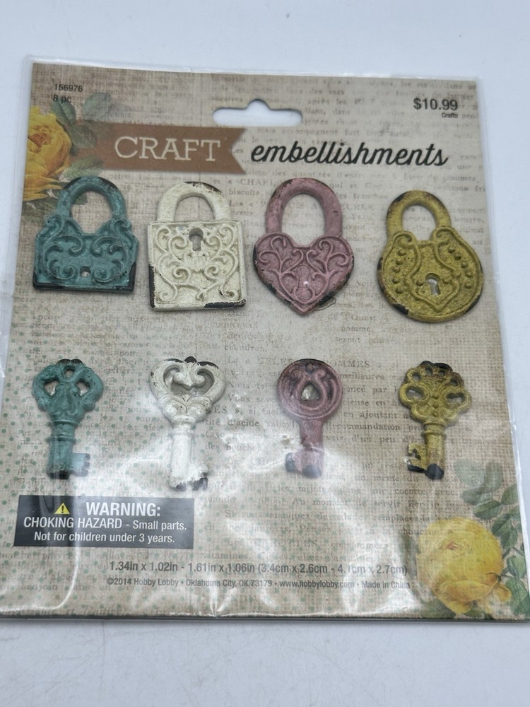 Craft Embellishments Metal Faux Lock Key Set Of 8 Pieces New 2014 Hobby Lobby