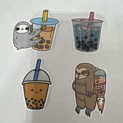 Bubble Tea Boba & Sloth Stickers Set, Multicolor Food & Drink Theme (4pcs)