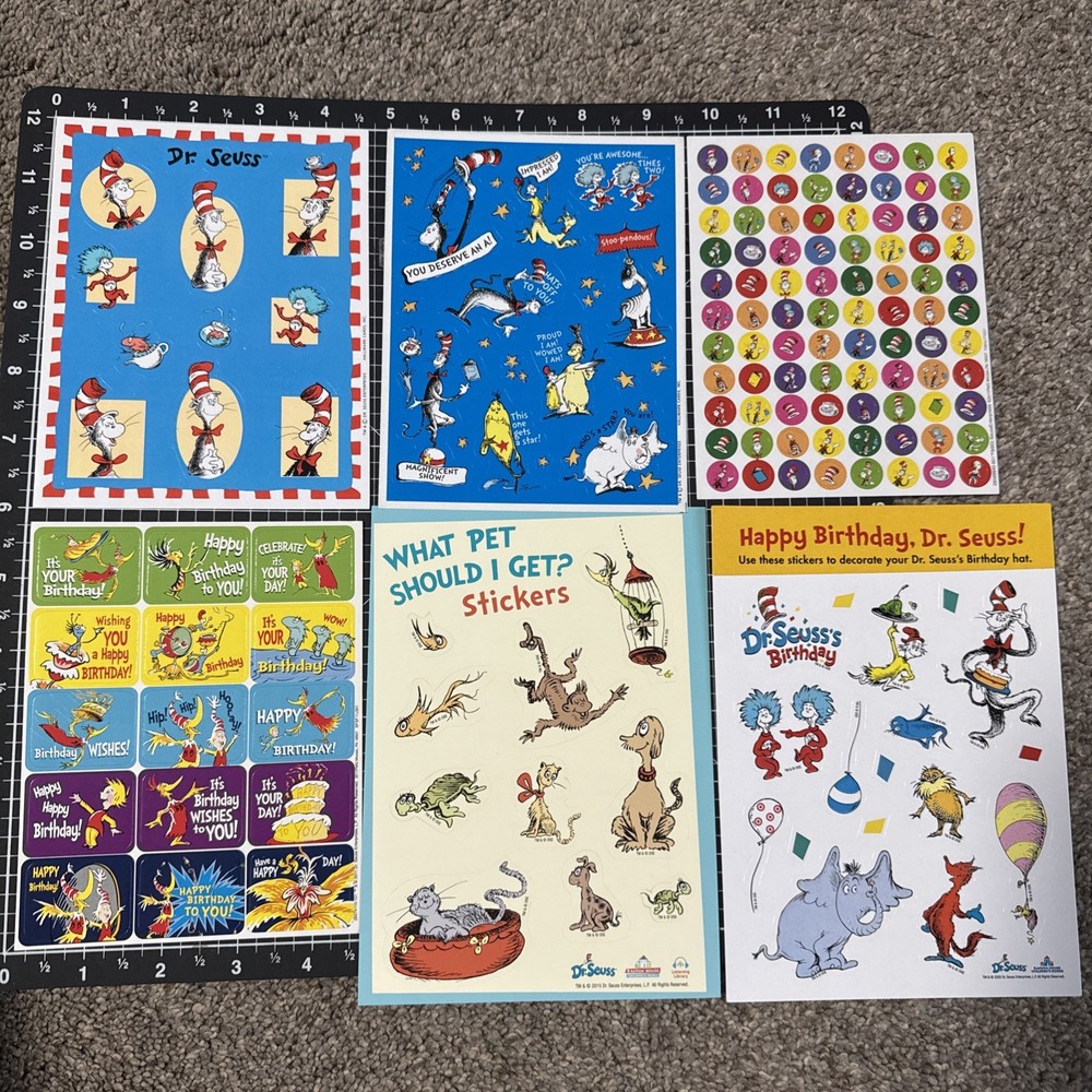 Vintage Sticker Lot Dr. Seuss Cat in the Hat 6 Sheets AGC, Gibson, Hallmark, etc